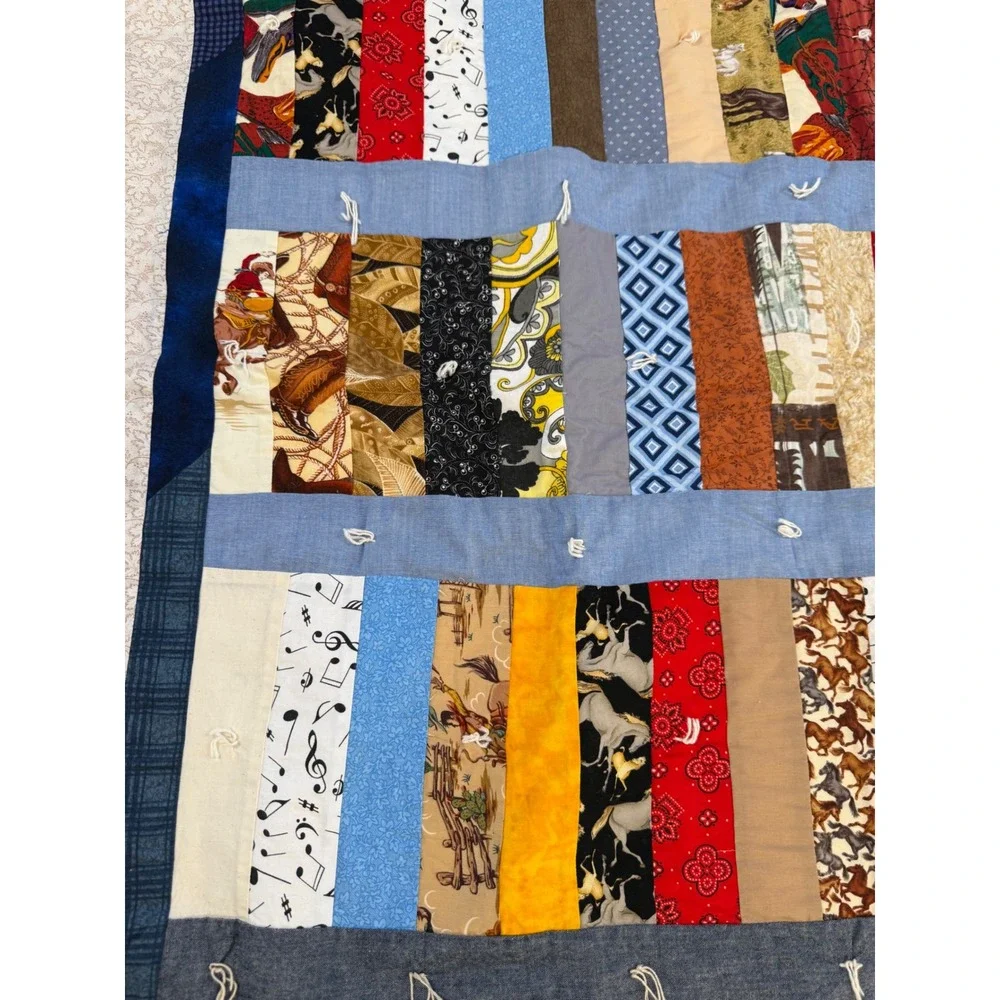 Handmade Patchwork Scrap Quilt Novelty Horse‎ Music Cowboy Denim Look 53x62